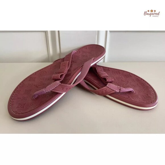Auth Louis Vuitton Rose Pink Monogram Embossed Rubber Flip Flop Sandals 37.5/7.5 - Picture 10 of 12